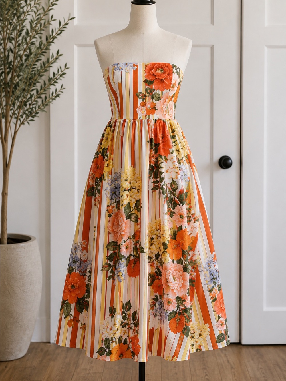 Anthropologie Maeve Strapless Tomato Floral Belted Midi Dress
